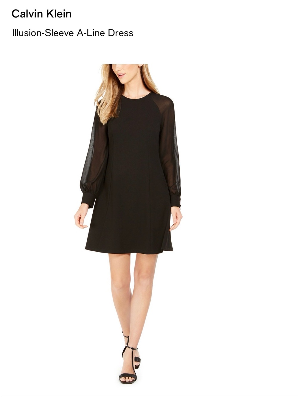 Calvin Klein Black A-Line Dress with Sheer Long Sleeves
